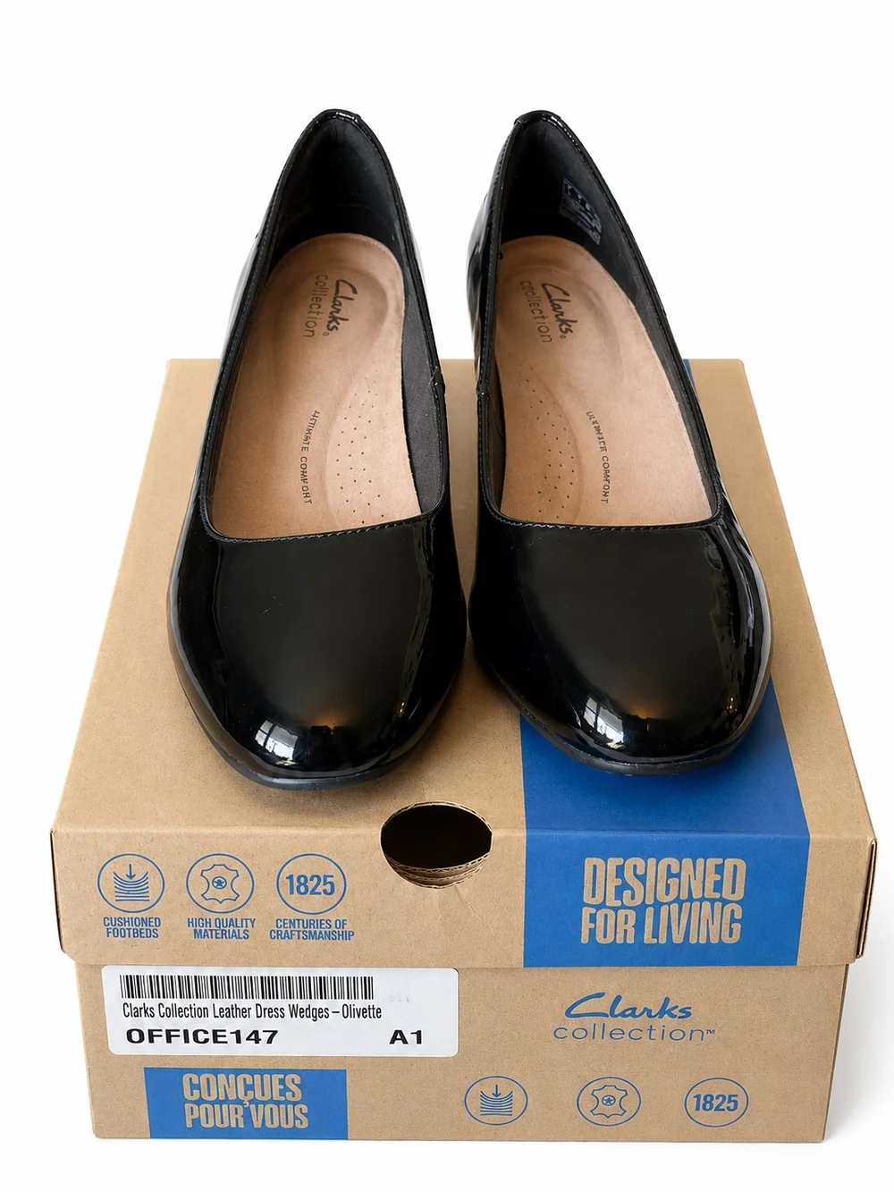 Clarks Collection Black Patent Leather Wedge Pumps Womens 7-11 NIB Comfort